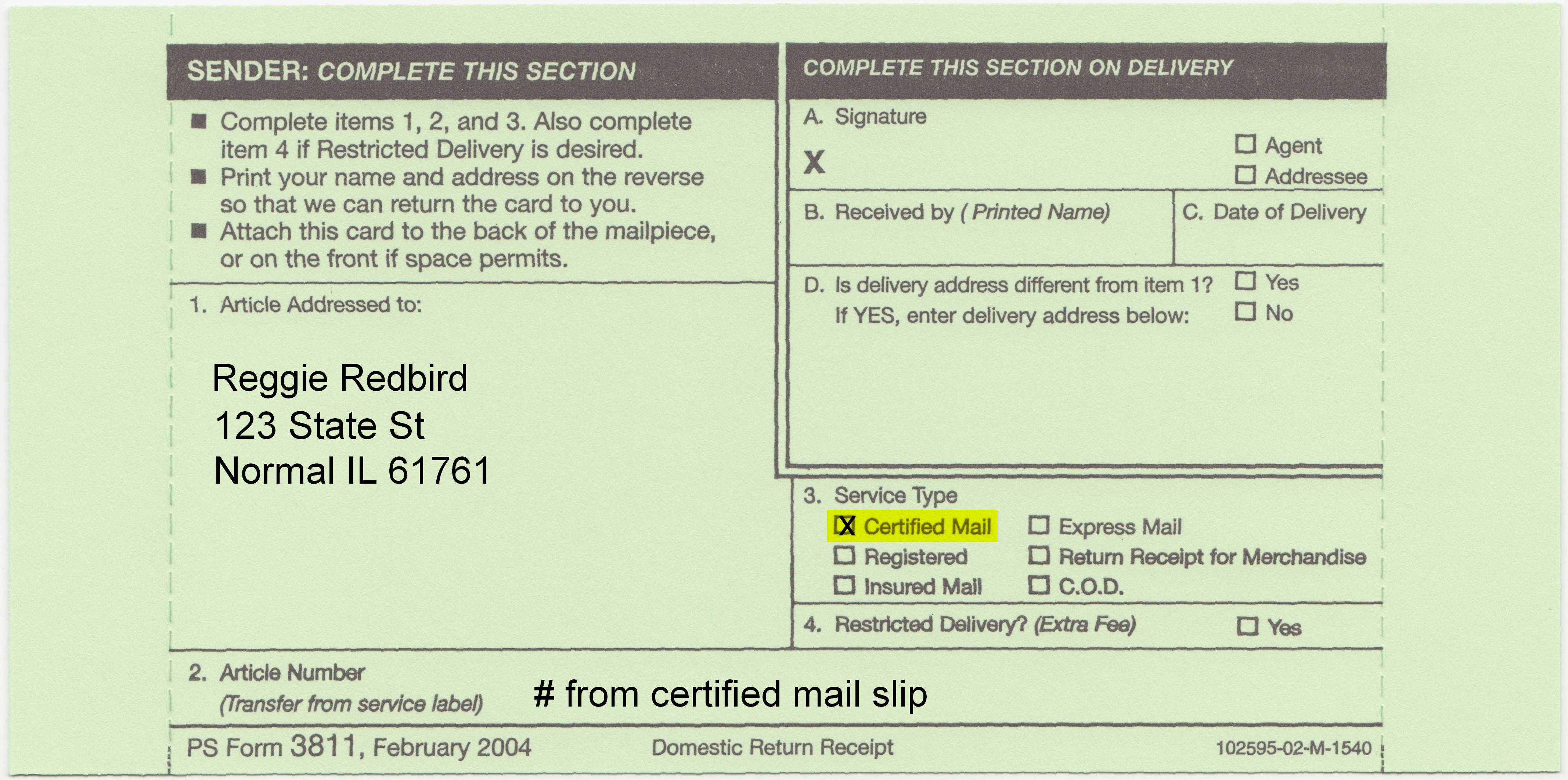 Front of a return receipt for a certified.