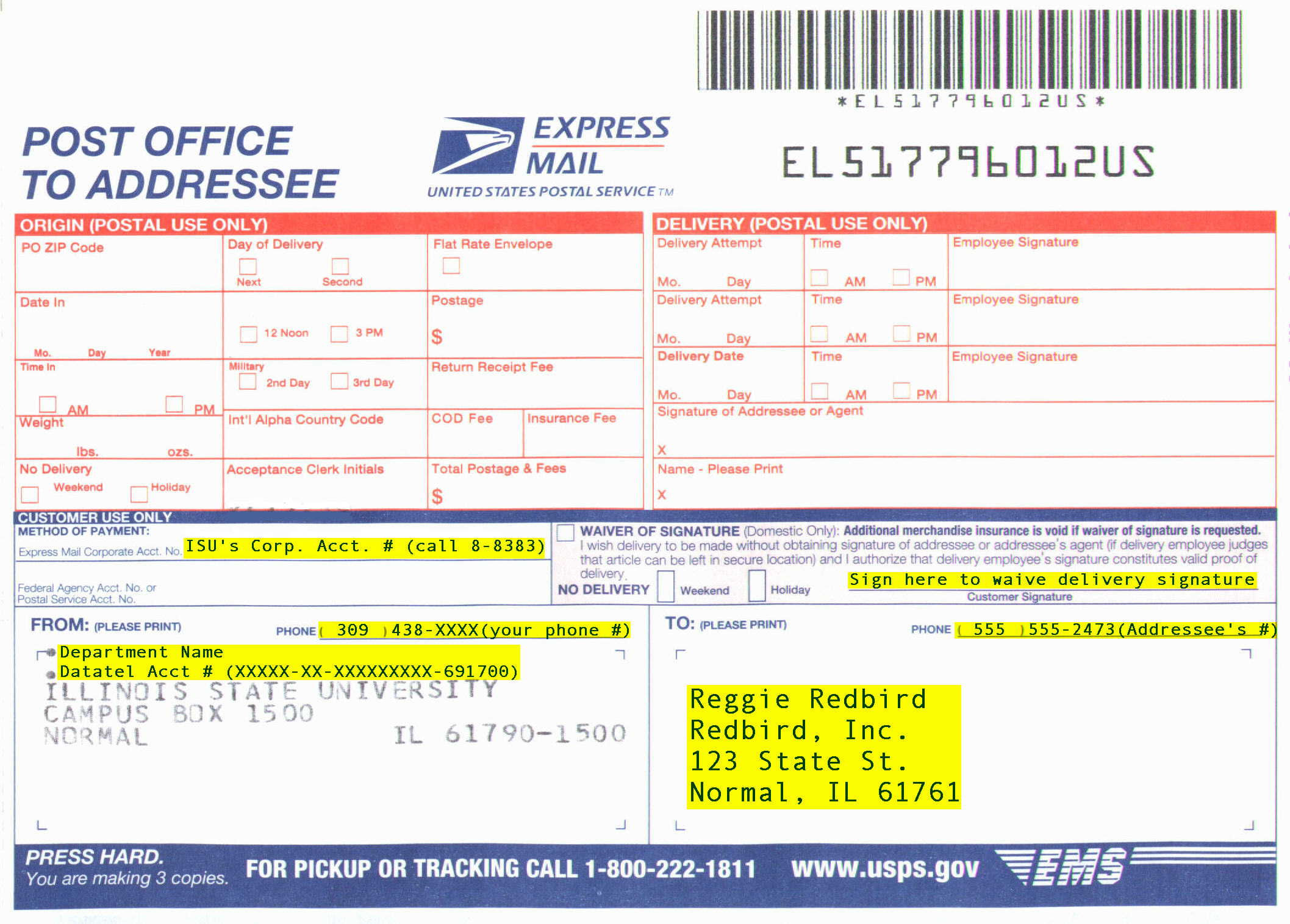 U.S. Postal Service Express Mail airbill