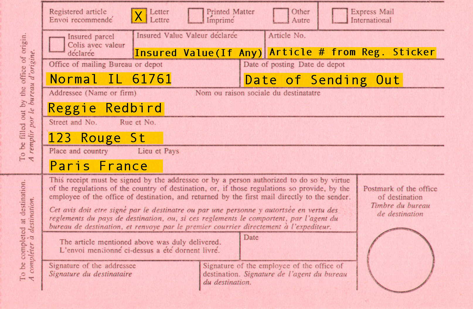 Return receipt for registered mail.